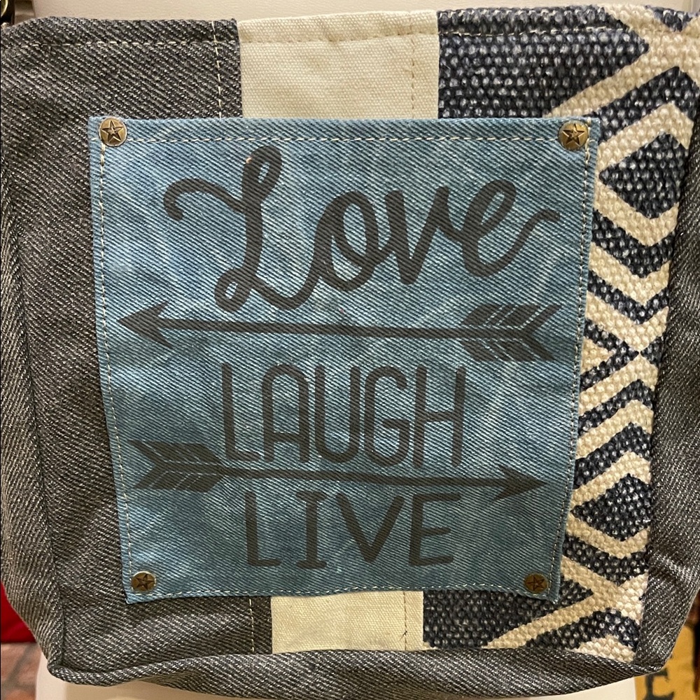 Chic Denim Crossbody Bag - Blue and Gray Love Laugh Live